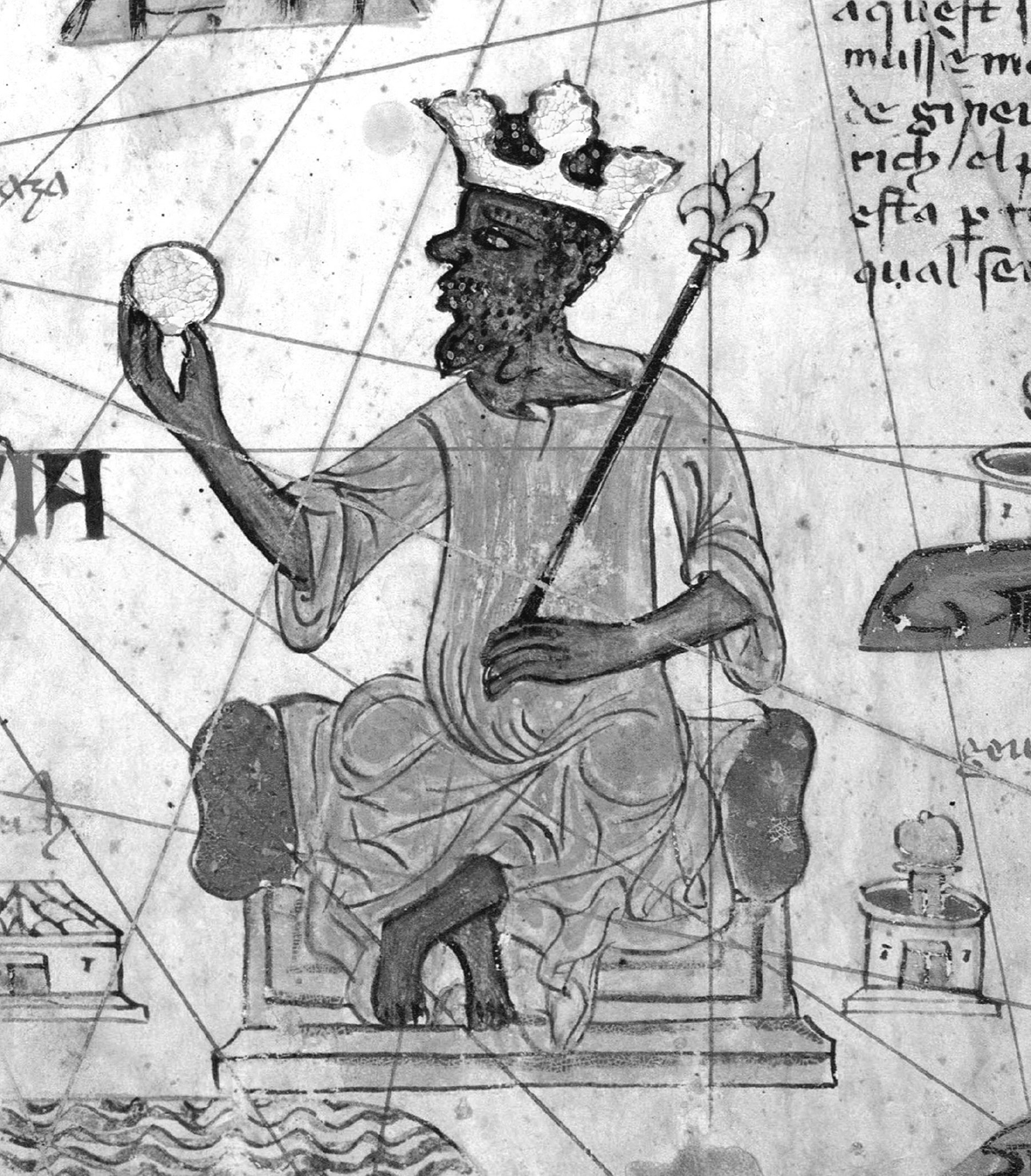 Pen illustration of Mansa Musa, the ninth ruler of Mali during the kingdomâ€™s height in the fourteenth century. Referred to as the Black Lord, Mansa is shown atop his cream-colored marble throne with plush orange cushions holding a gold coin. In the image, longitude and latitude lines are visible revealing that this was penned on an atlas.