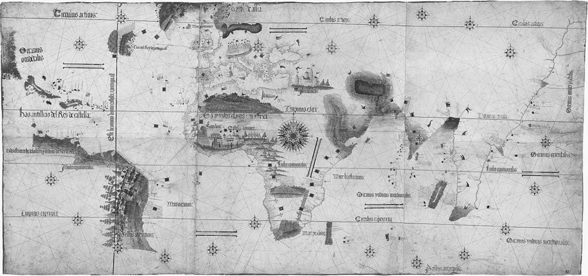 A sixteenth-century Portuguese map known as the Cantino Map clearly highlights Europe and North Africa and celebrates some nations by showing castles rising up from the page. While only fragments are shown of the Americas or Asia, the Caribbean Islands are visible and presumed based upon Columbusâ€™s voyages. It is the earliest known map of European exploration in the New World to depict the holdings and greatness of his native Portugal.