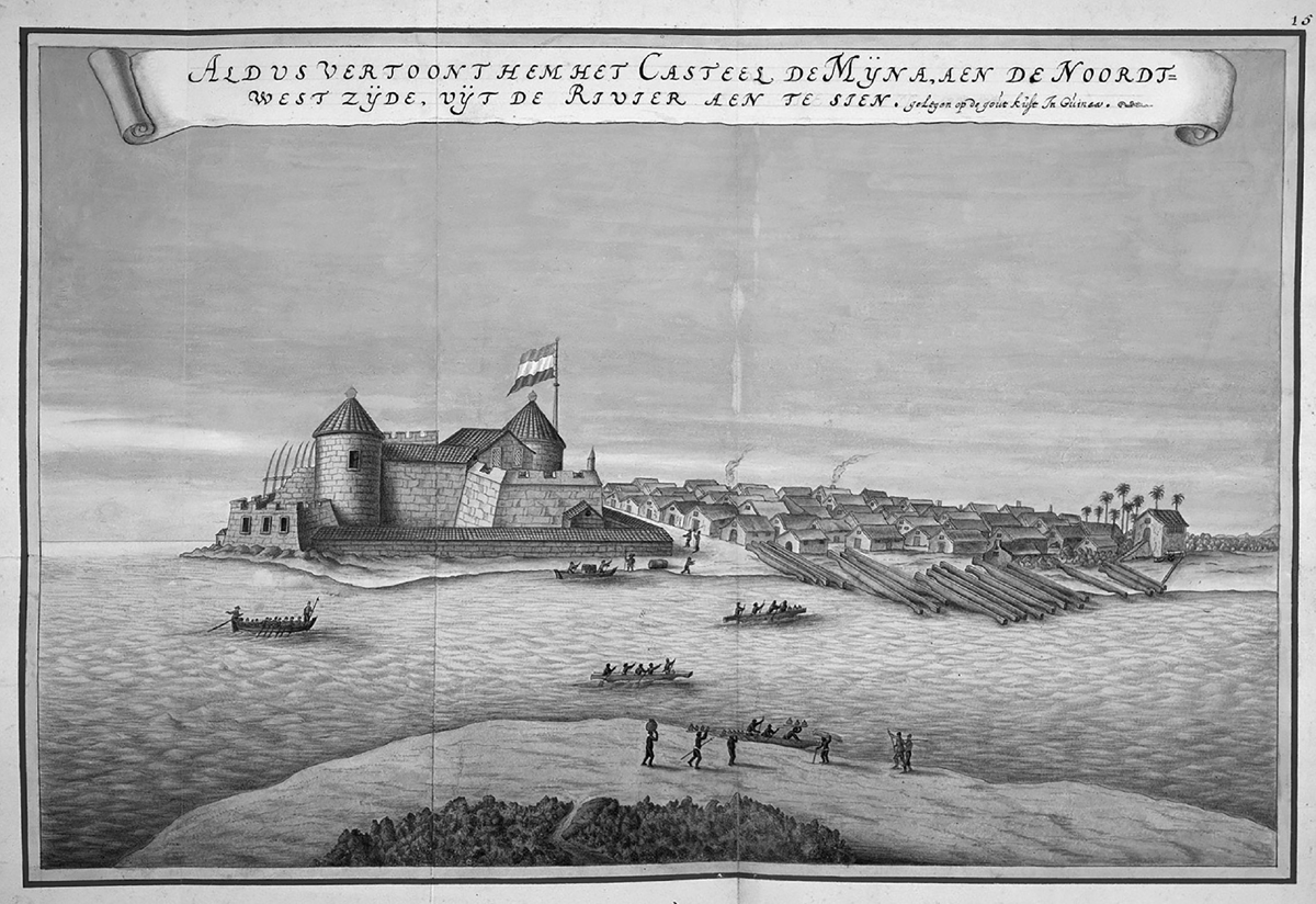 A seventeenth-century engraving of Elmina Castle, which was established as a trade settlement on the coast of Guinea by the Portuguese in the fifteenth century and became one of the largest and most important markets for enslaved Africans. It is built of large blocks and topped with red roofing. To the right are a cluster of small homes with thatched roofs. A handful of small row boats appear in the foreground. On the beachfront, many long canoe-like boats await use.