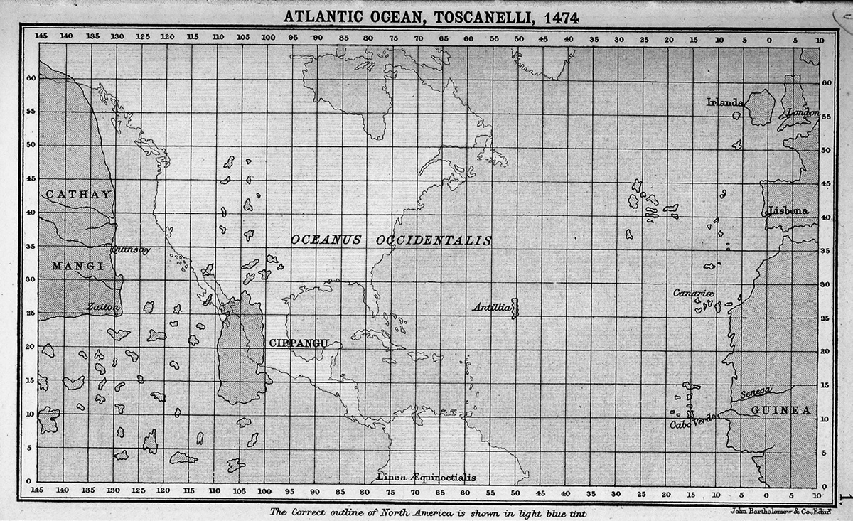 This fifteenth-century map of the Atlantic Ocean by Paolo dal Pozzo Toscanelli shows what Columbus believed the world looked like in brown and what it actually looked like in gray. The word â€œCippanguâ€ is written on the map and refers to Japan, and â€œCathayâ€ meant China.