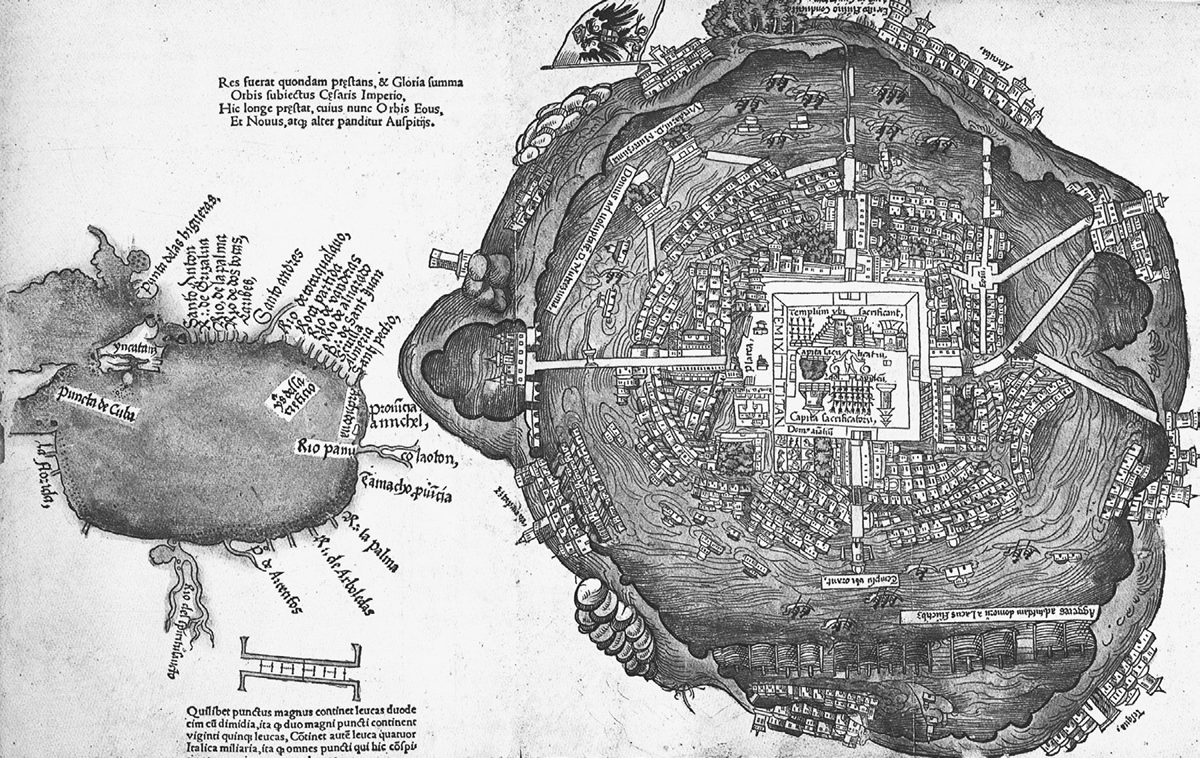 Map of sixteenth-century TenochtitlÃ¡n, the Aztec capital city. The beautiful, colorful city was built on an island in Lake Texcoco and included causeways and a huge pyramid known as Temple Mayor, where the gods Huitzilopochtli and Tlaloc were honored. The many homes throughout suggest the large numbers of people living in the city. Also visible are waterways and people canoeing.