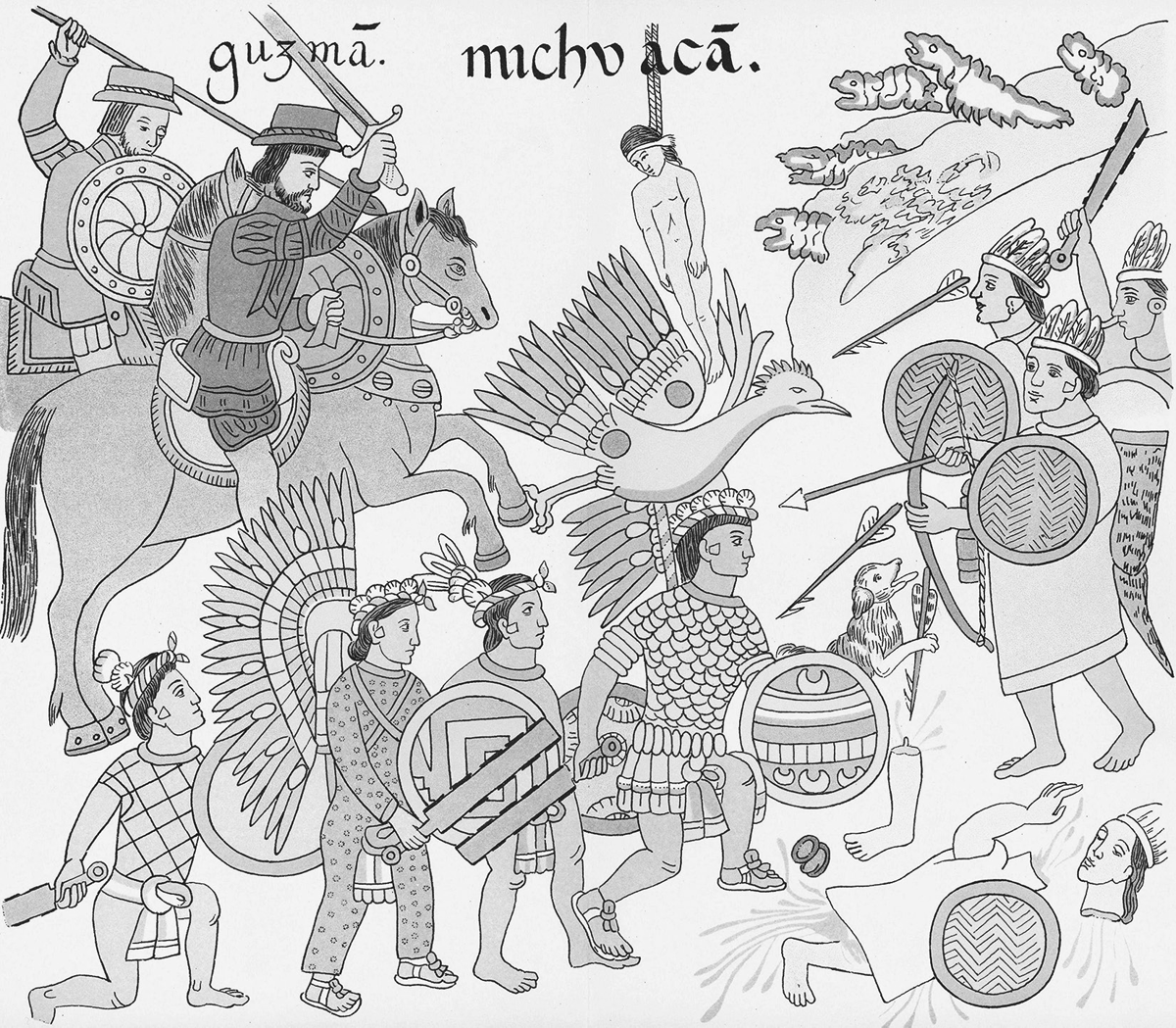 This sixteenth-century drawing depicts the Spanish on horses brandishing swords and their Tlaxcalan allies on foot fighting against the PurÃ©pecha. Some of the Tlaxcalan wear costumes with large feathers while the PurÃ©pecha wear circular headdresses and small white feathers and carry bows, arrows, and shields. Violence is evident in the dismembered person in the foreground and another person hanging in the background.