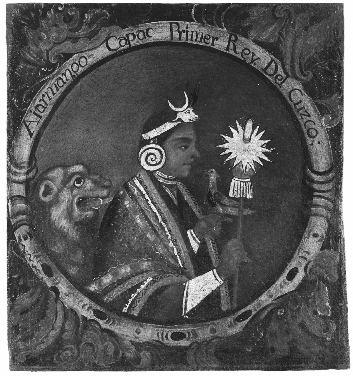 This eighteenth-century painting depicts Manco CÃ¡pac, who in the early thirteenth century may have been one of the founders of the Inca civilization in Cuzco. Mancoâ€™s crown has a bull at the pinnacle. He wears large gold earrings in a circular pattern. His scepter is topped with a golden star, and just behind him appears to be a lion, perhaps a hint to his royalty. The painting is on a dark green background with red flourishes.
