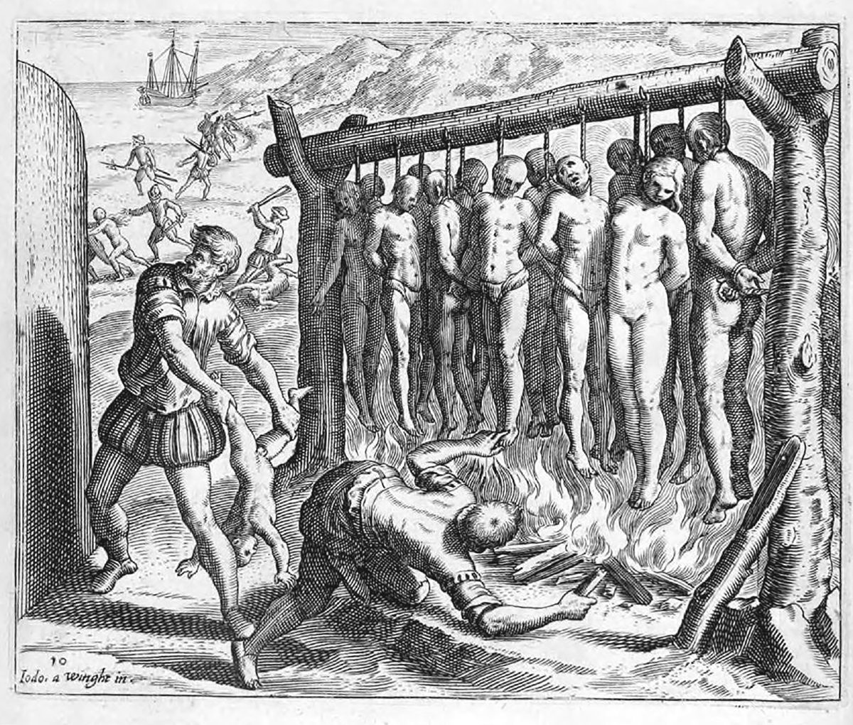 Illustration of Spanish conquistadorsâ€™ atrocities in the conquest of Hispaniola by Flemish artist Theodor de Bry. One soldier prepares to hurl a child against a wall while ten to fifteen other people are hung above flames. In the background soldiers chase and beat other Indigenous people. In the background, a ship is moored.