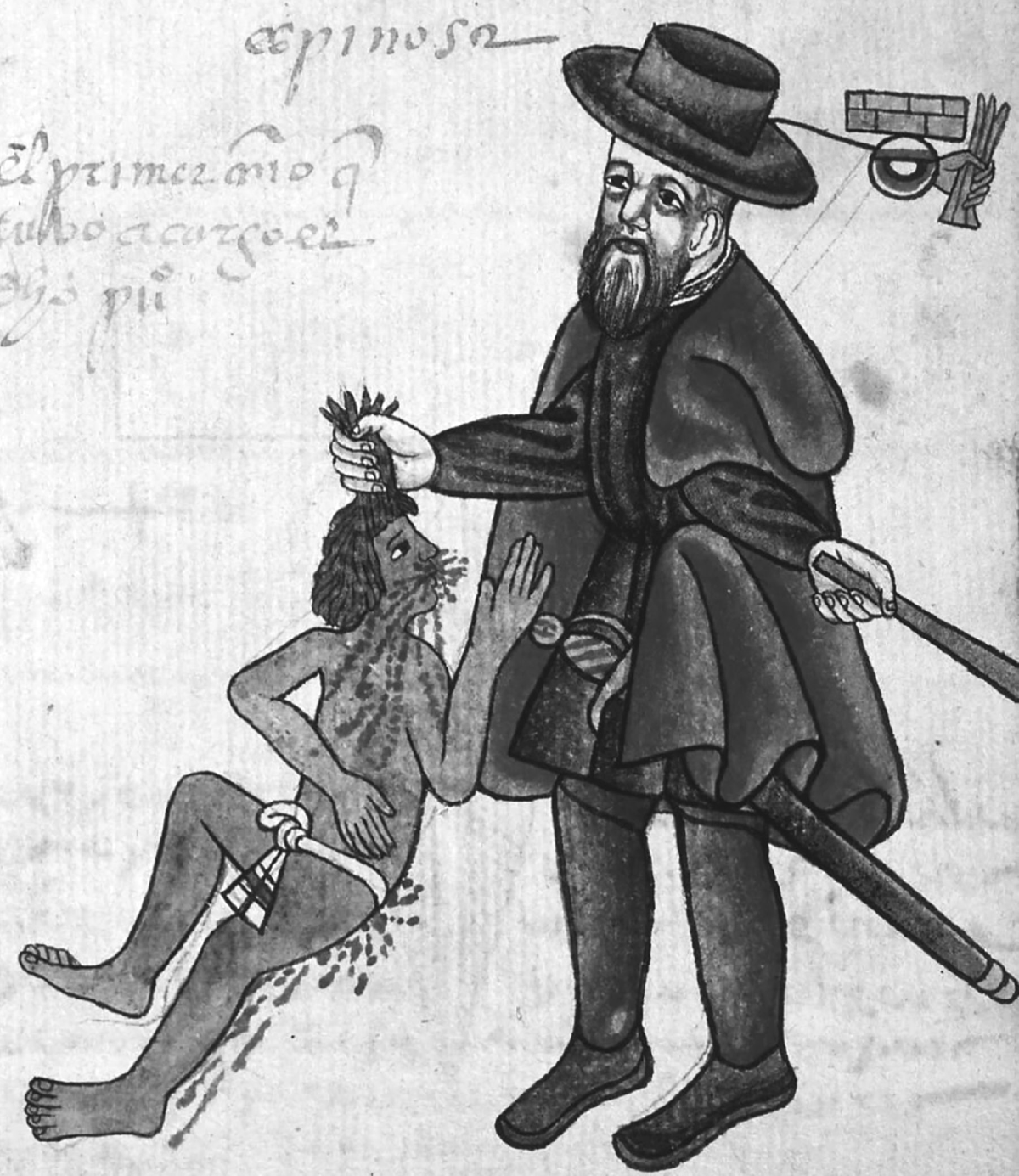 In this startling image from the Kingsborough Codex (a book written and drawn by native Mesoamericans), a well-dressed Spaniard is shown pulling the hair of a bleeding, severely injured Indigenous person. The drawing was part of a complaint about Spanish abuses of their encomiendas.