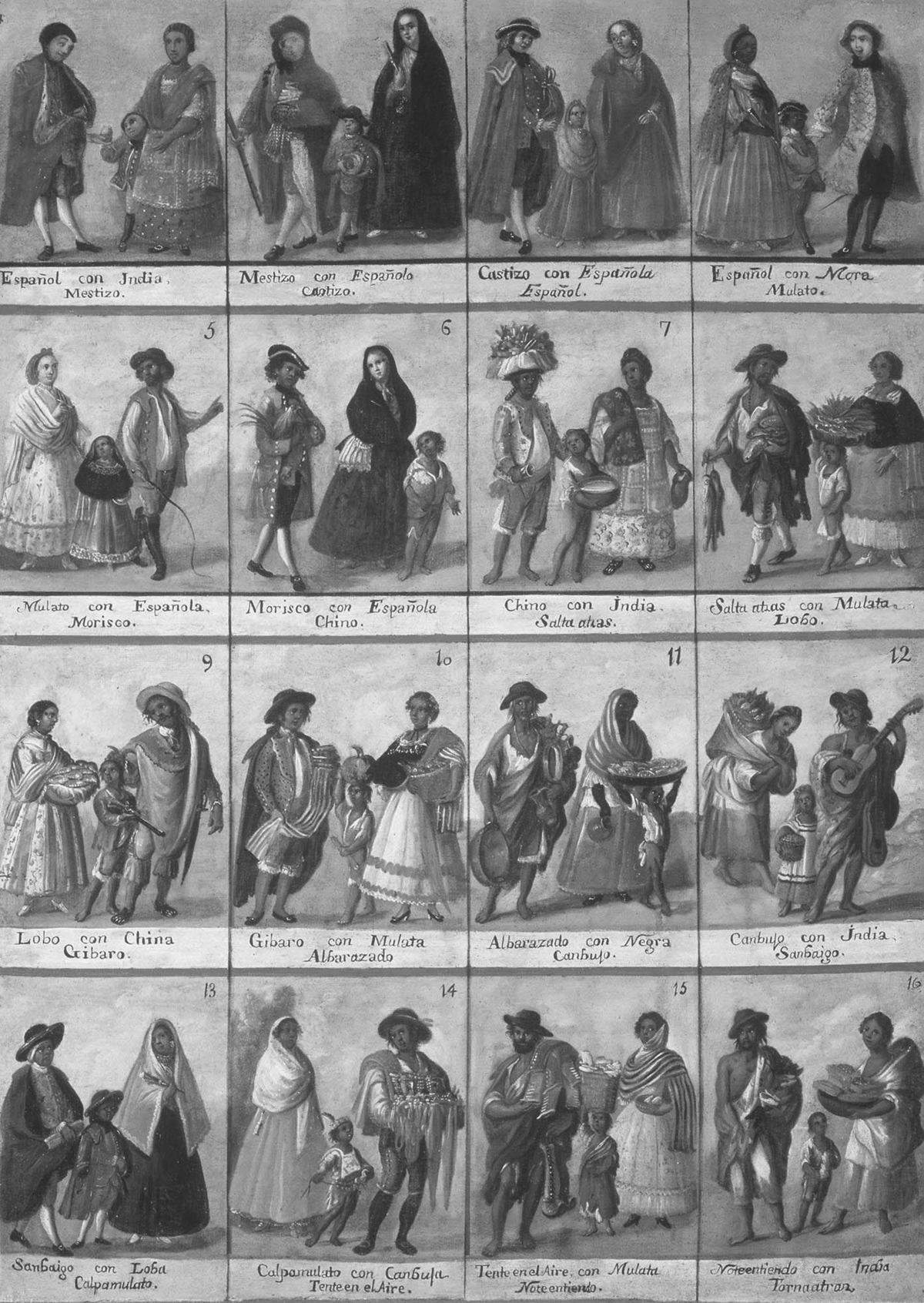 Spanish casta (caste) painting showing sixteen racial classifications in Spanish colonies in the eighteenth-century Americas. Each combination of mixed-blood descendants is assigned a category in the rigid Spanish hierarchical system.