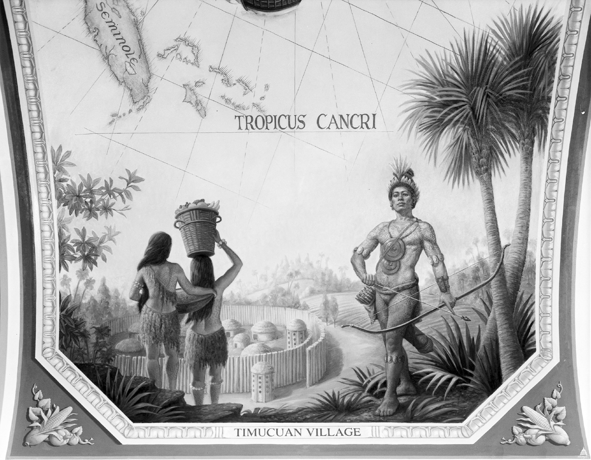 A twentieth-century oil painting by Allyn Cox of a Timucuan village in northern Florida with three Indigenous people. Two women carry food and other items, and a man has drawn his bow and arrow. In the background is a village of cylindrical homes surrounded by a stockade.
