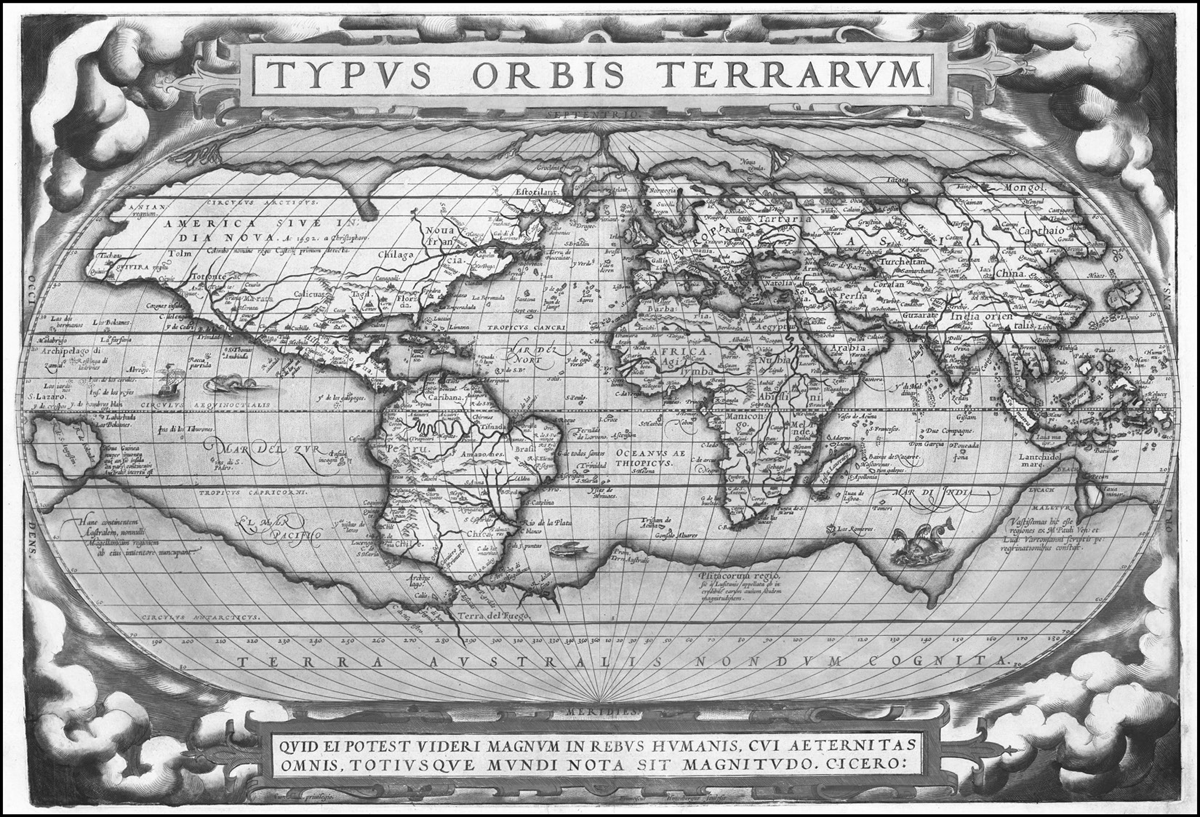 The first modern atlas, Theatrum Orbis Terrarum, by Dutch cartographer Abraham Ortellus, 1572. The continents are labeled in Latin, with distorted and inaccurate shapes reflecting early geographic knowledge. Africa is prominently centered and colored yellow, Europe and Asia are pink, and the Americas are orange. The oceans are labeled, and artistic clouds and sea monsters decorate the mapâ€™s border.