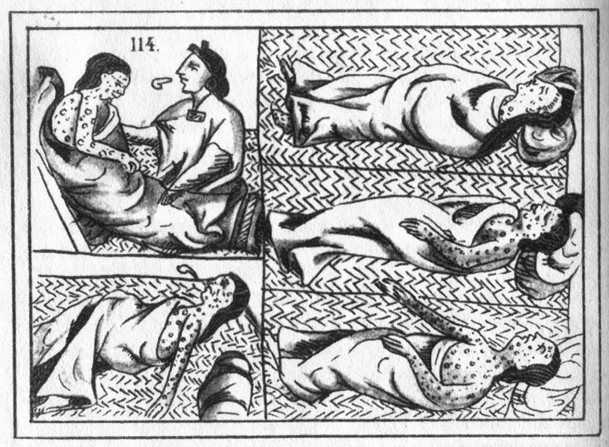 A sixteenth-century black-and-white illustration divided into panels, depicting Indigenous people suffering from smallpox. Several figures lie on mats, covered in pustules, while one seated figure consoles another who is ill.
