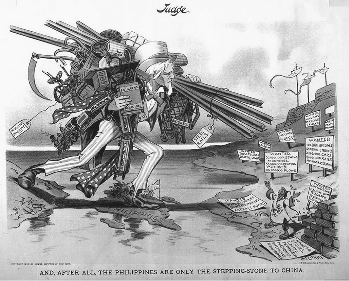 A political cartoon depicting Uncle Sam overloaded with machines and raw materials and a book labeled â€œEducationâ€ and â€œReligionâ€ crossing from the Philippines into China.