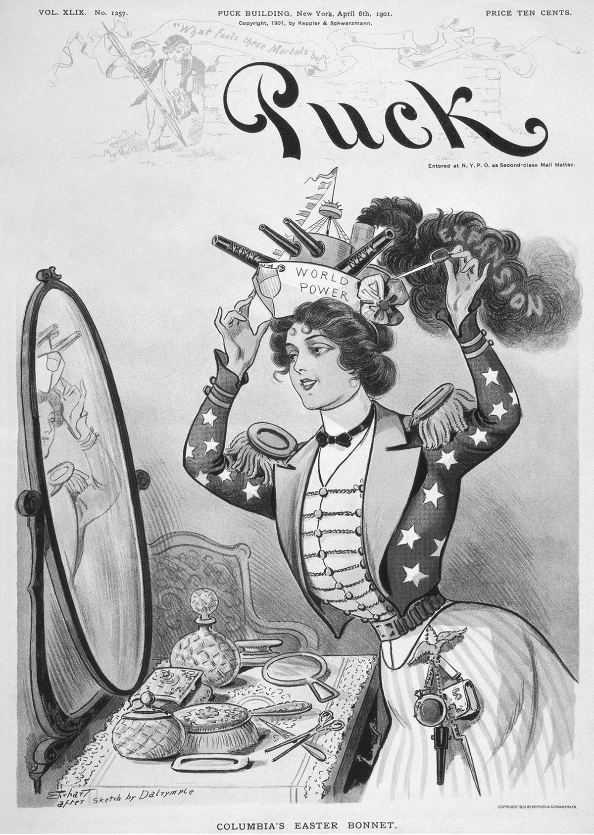 A woman looks in a mirror as she dons a hat in the form of a battleship labeled â€œWorld Power.â€