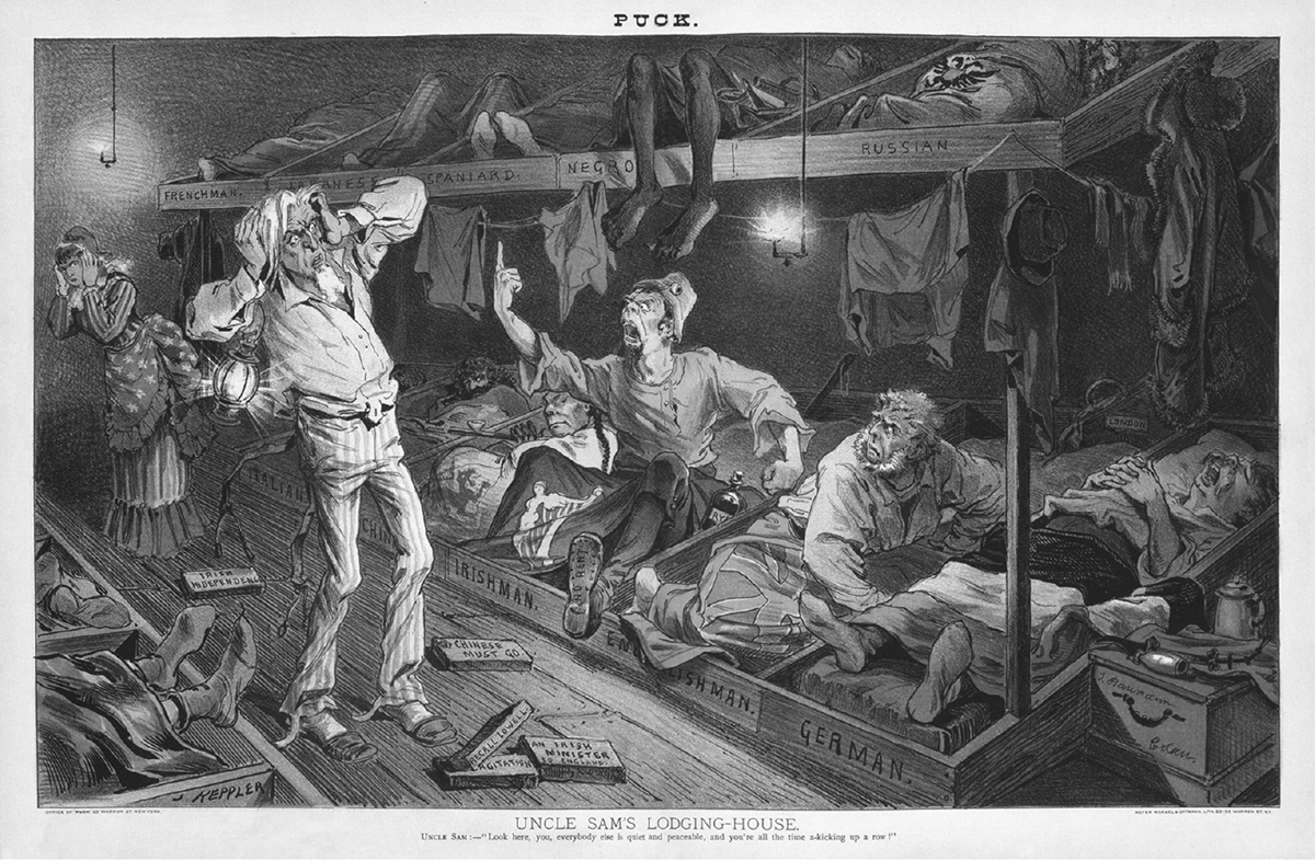 A political cartoon depicting Uncle Sam clamping his hands over his ears as an â€œIrishmanâ€ yells at him in the steerage of a ship.