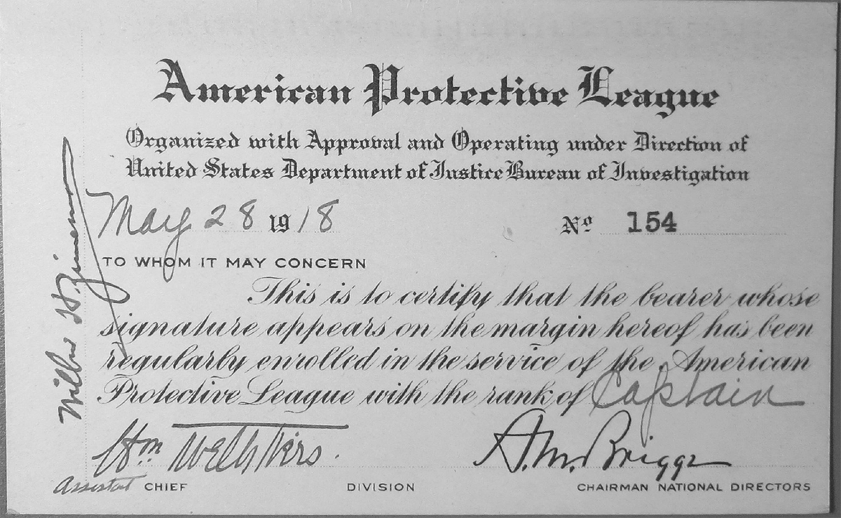 19.7 A membership card for the American Protective League, issued May 28, 1918.