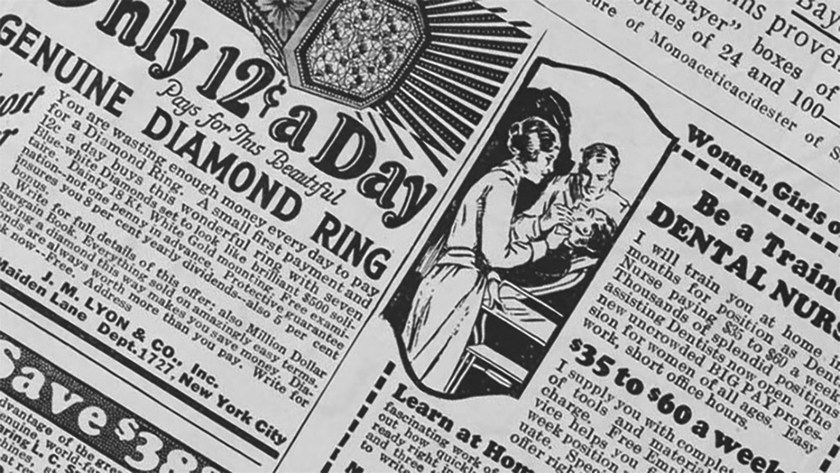 A set of newspaper advertisements cropped and rotated to emphasize the busyness of the page.