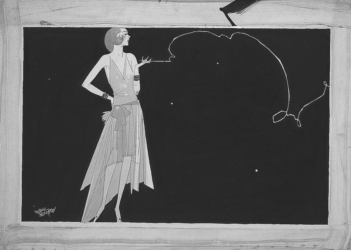 A stylized drawing of a woman casually holding a cigarette.