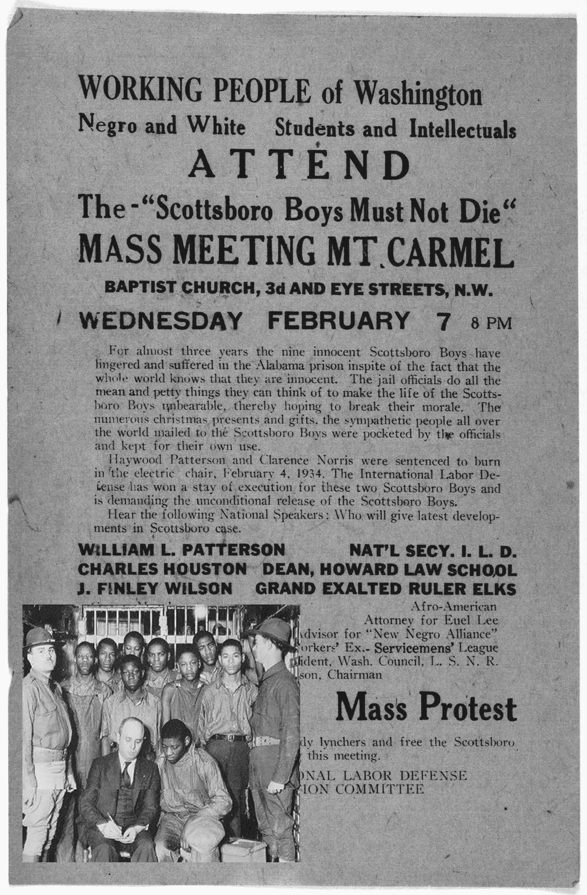 A poster advertising a meeting to protest the trial of the Scottsboro Boys.