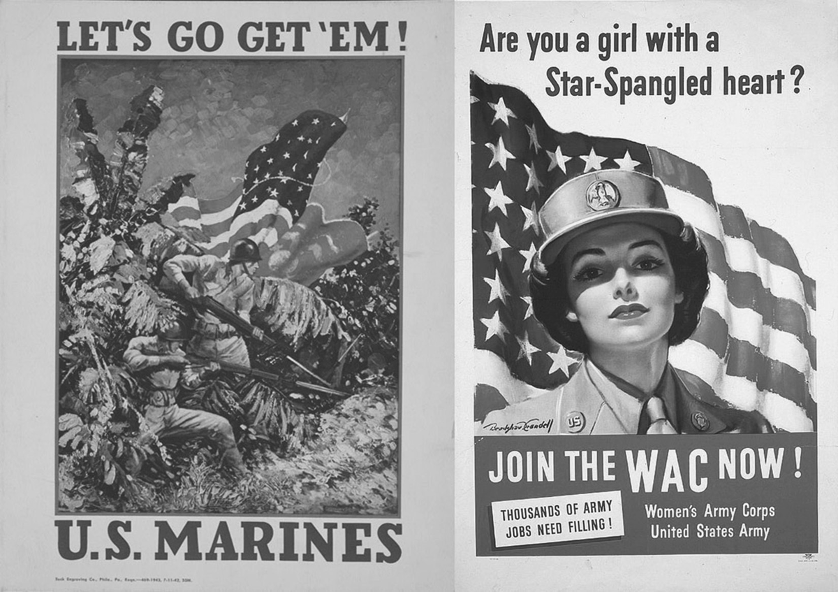 Two posters. One shows Marines at war in a lush jungle; the other shows a woman in uniform.