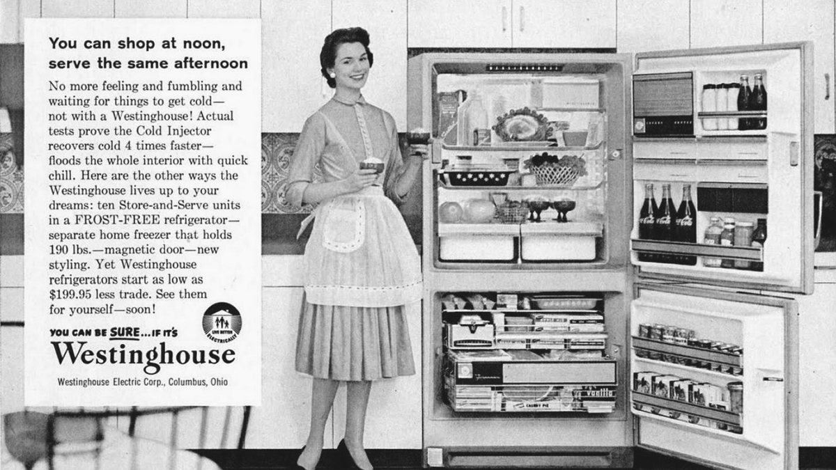 Scenes of a women in front of a stove and washing machine.