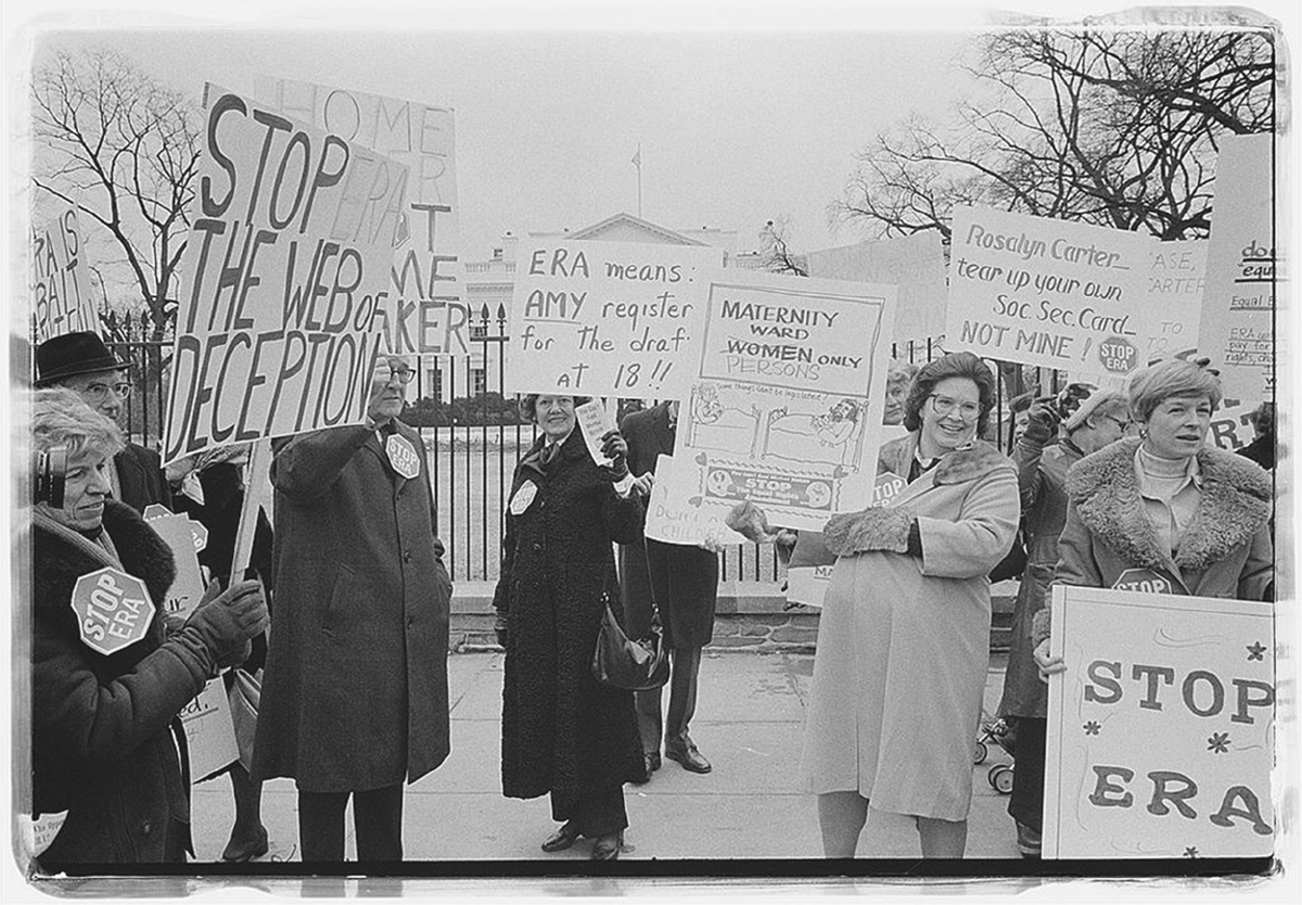 Demonstrators opposed to the Equal Rights Amendment protest in front of the White House.
