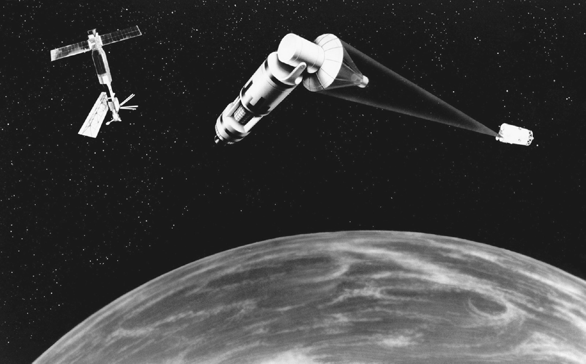 A stylized image of a satellite shooting a laser at another space object.