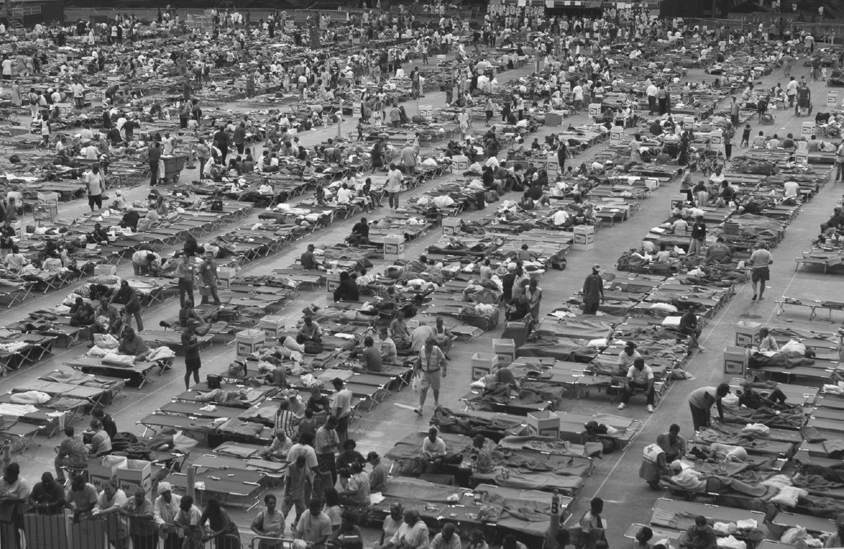 Crowds mill around a large surface with hundreds of cots.