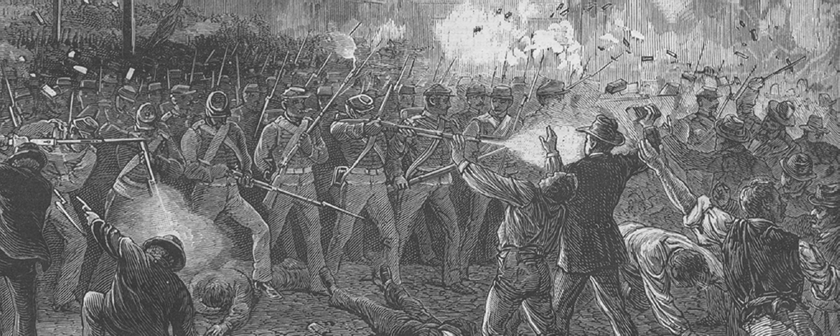 Soldiers fire into a crowd.