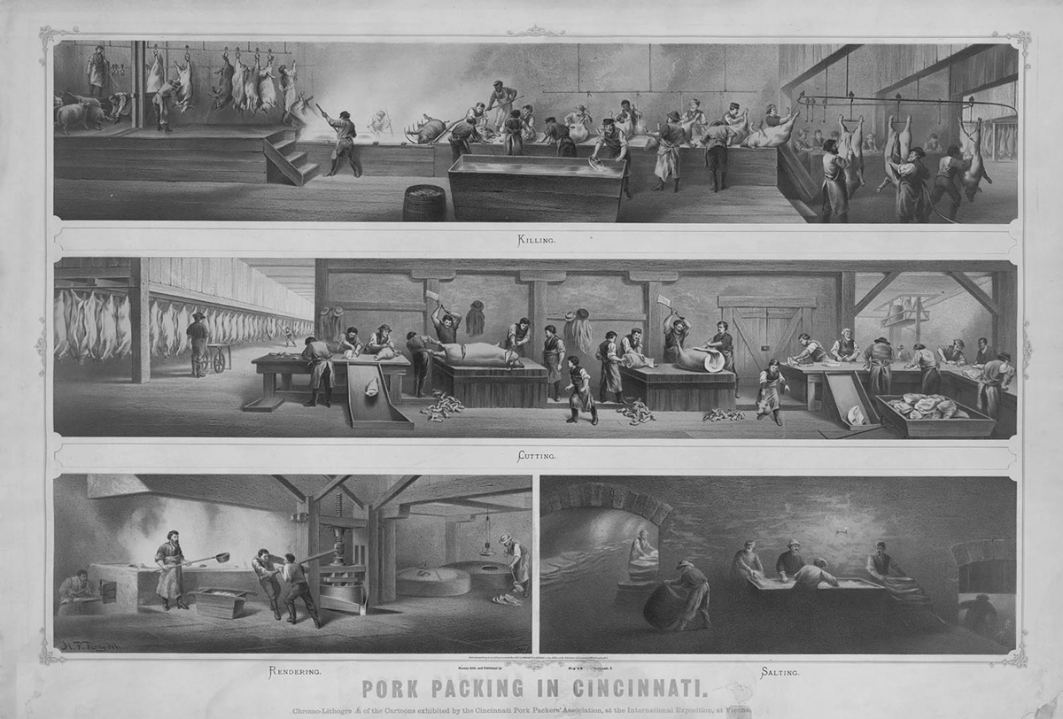 Image depicting the various stages of a pork â€œdisassembly line.â€