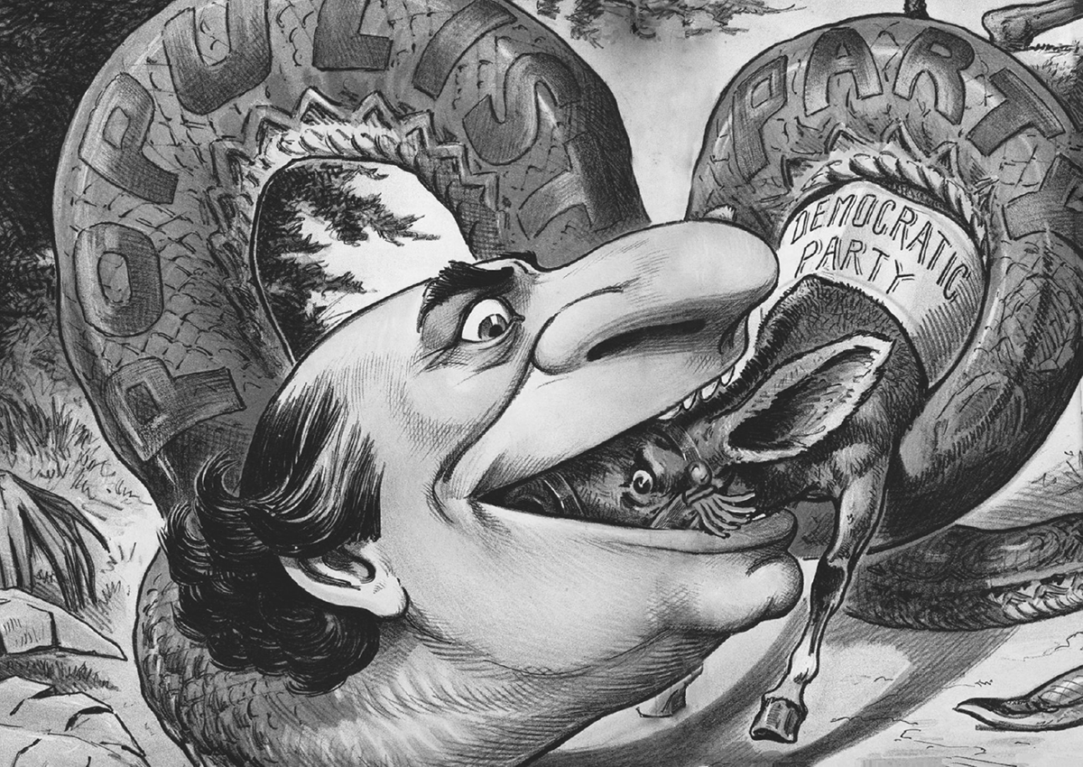 A political cartoon of a man with the body of a snake, labeled â€œPopulist Party,â€ swallowing a donkey, labeled â€œDemocratic Party.â€