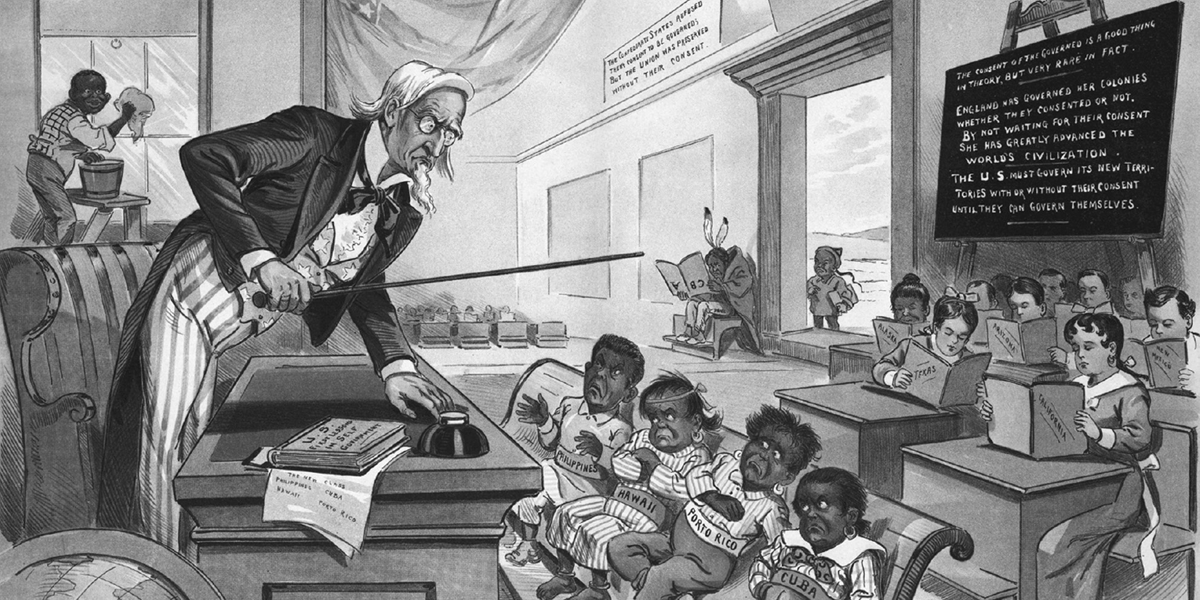 A political cartoon depicts Uncle Sam as a schoolmaster reprimanding dark-skinned children, representing the United Statesâ€™s newly acquired territories, as well-behaved light skin children, representing U.S. states, read quietly behind them.