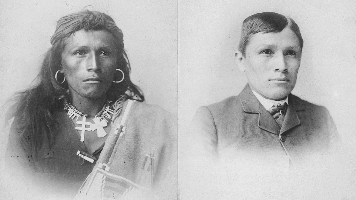 A picture of a young man in traditional Indigenous dress, next to an image of the same young man in traditional western clothing and with a tidy haircut.