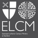 Episcopal Lutheran Campus Ministry logo, white on a gray background