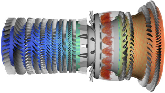 Comprehensive simulation of the flow through an entire jet engine, done in collaboration with Pratt & Whitney. Contours of entropy in the high-pressure compressor and in the first two stages of the turbine, as well as contours of temperature in the combustor of a Pratt & Whitney engine.