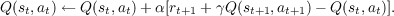 Q(s ,a) ← Q(s ,a)+ α [r   + γQ(s   ,a  )- Q (s ,a )].
   t  t      t  t     t+1      t+1  t+1      t  t
