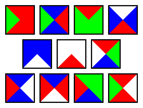 Figure&nbsp;1. Jeandel and Rao's aperiodic Wang tiles: colors depict the matching rules, where edges are matched if and only if they have the same color and the opposite orientation