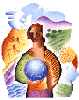 Multicolored logo for UN Womenwatch Gateway: Figure of woman holding globe with green and blue lands behind her