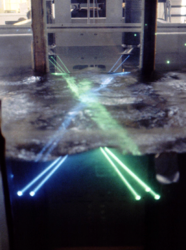 Beams from the 3D Laser-Doppler Anemometer system in a wavy flow