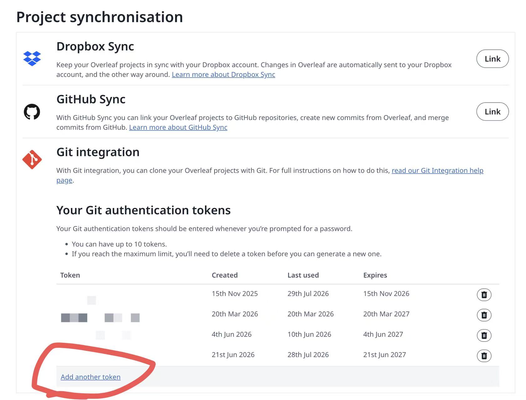 Overleaf Git Integration token settings